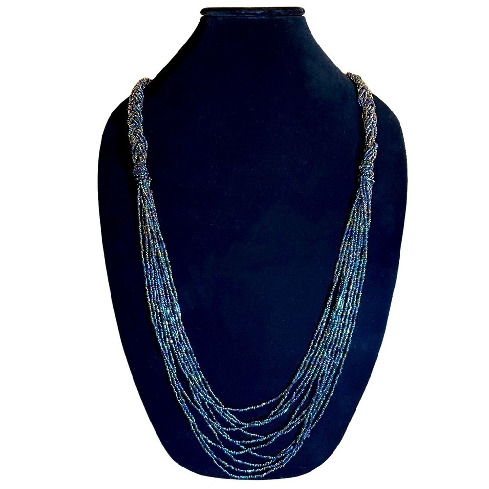 Vintage Handmade Black Iridescent‎ Braided Layered Beaded Necklace 19” Drop